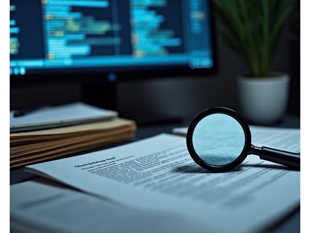 Une loupe posée sur un document flou, avec des piles de dossiers et un écran d'ordinateur affichant des données complexes en arrière-plan, illustrant l'aspect investigation du journalisme sportif.